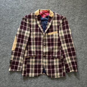 Elie Balleh Plaid Sport Coat Blazer Mens Size S Elbow Patch Milano Jacket